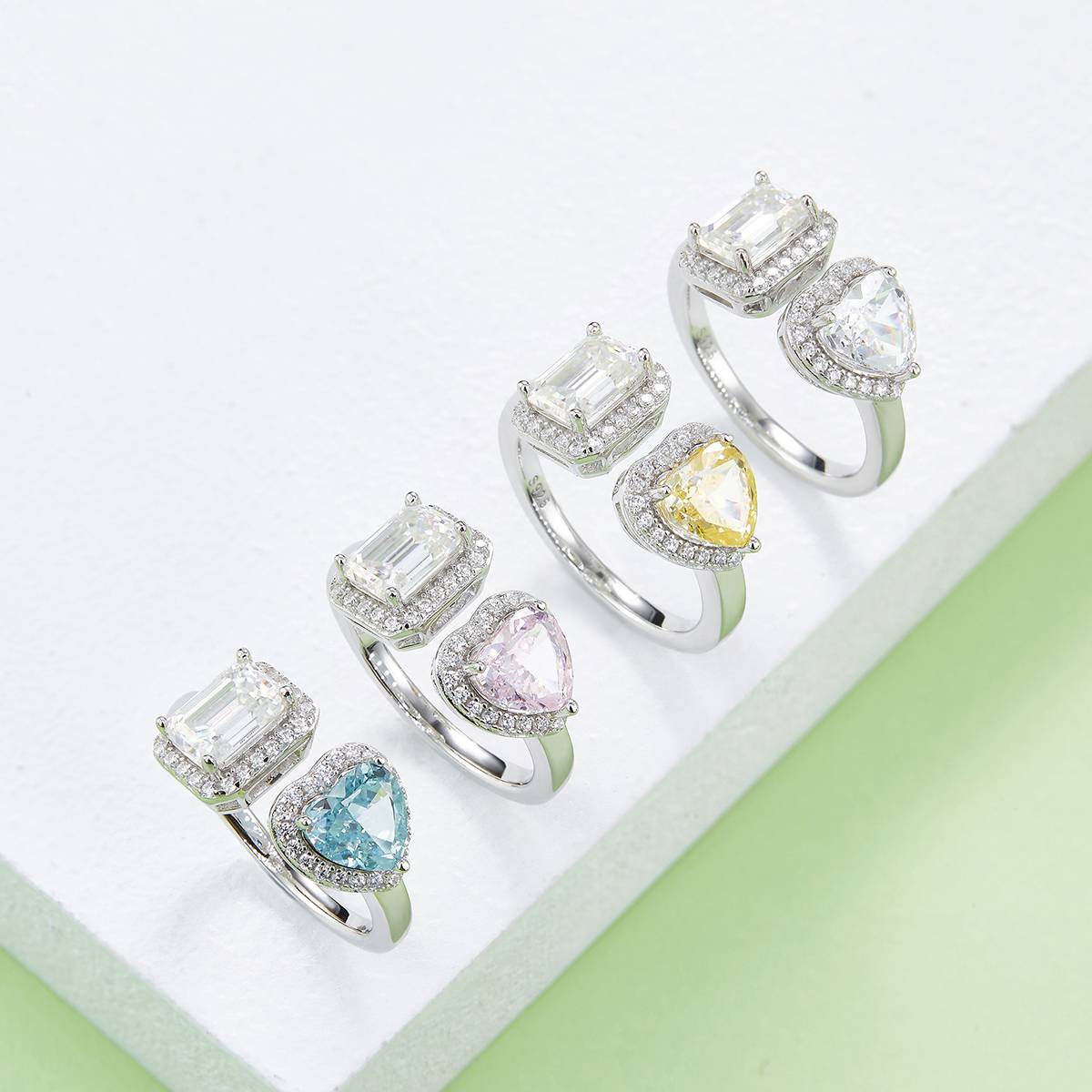 Heart Ice Flower Cut AND Rectangular Moissanite 925 Silver Plated Platinum Women's Ring 1 Carat D-Class